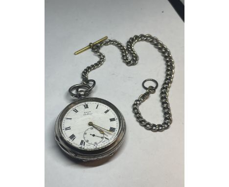 A MARKED 925 SILVER SWISS  KAYS CHALLENGE POCKET WATCH WITH T BAR CHAIN VENDOR STATES WORKING BUT NO WARRANTY GIVEN 
