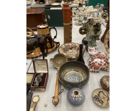 A COLLECTION OF STUDIO POTTERY TO INCLUDE A LARBOWLS, A CERAMIC LADEL, ETCGE WEST GERMAN CANNDLESTICK, ORANGE AND BROWN VASE,