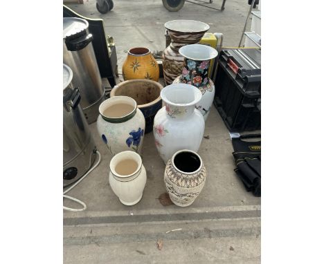 AN ASSORTMENT OF GLAZED AND CERAMIC VASES AND PLANTERS ETC 