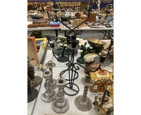 TWO PAIRS OF SILVER PLATED CANDLESTICKS PLUS TWO METAL CANDLE HOLDERS 