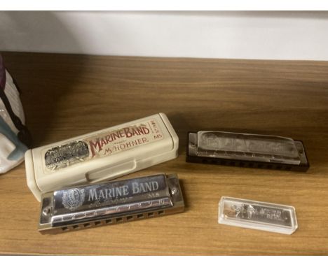 THREE HARMONICAS TO INCLUDE A HOHNER MARINE BAND NO. 1896, A HOHNER GREAT LITTLE HARP AND A HERO MINI HARMONICA 