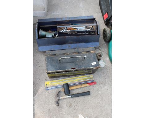TWO METAL TOOL BOXES WITH AN ASSORTMENT OF TOOLS TO INCLUDE HAMMERS, SPANNERS AND DRILL BITS ETC 
