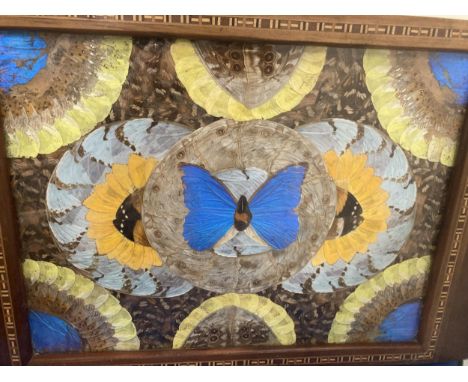 A VINTAGE INLAID WOODEN TRAY WITH BUTTERFLIES 