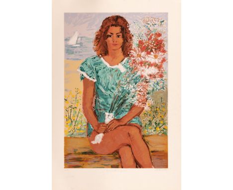 Michele Cascella (Ortona, 07/09/1892 - Milano, 31/08/1989) Fanciulla con fiore  cm 70x50 Litografie Firmato in basso a destra