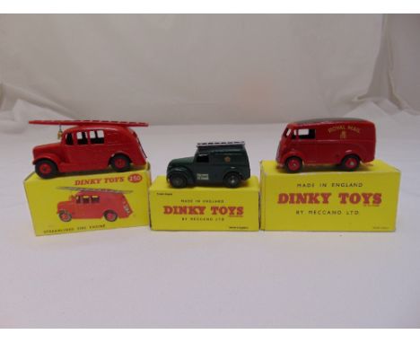 Dinky Toys 2550 Streamlined Fire Engine, 260 Royal Mail Van and 261 Telephone service van, all boxes repro