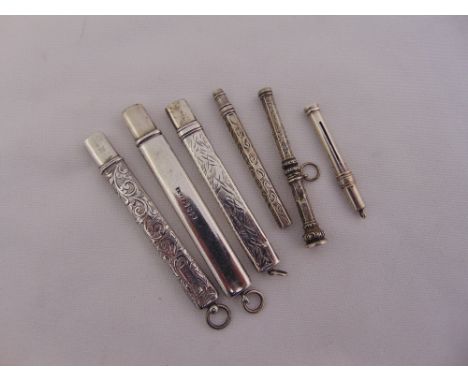 Five 19th century silver pencil holders and propelling pencils including Francis Webb Birmingham 1904, Villiers &amp; Jackson
