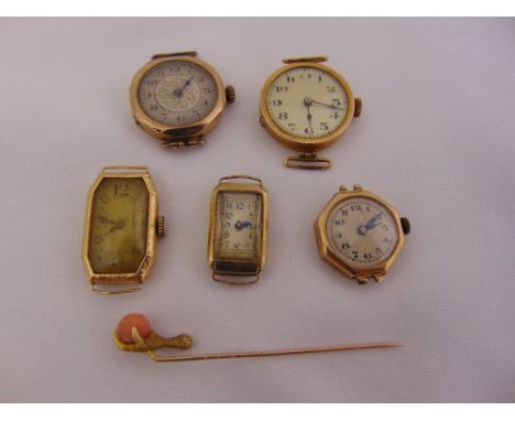 Five 9ct gold vintage wristwatches and a 9ct gold and coral pin
