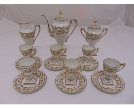 Atelier LeTallac raised gold grape wreath porcelain coffee set to include coffee pot, cups, saucers, sugar bowl and milk jug