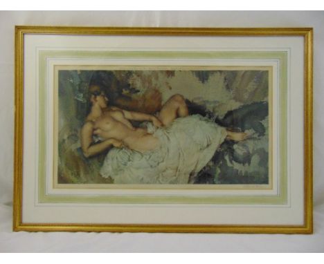 William Russell Flint framed and glazed lithograph of a reclining nude, signed bottom right, blind stamped bottom left, 31.5 