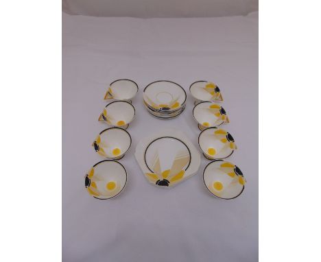 Shelley Art Deco teaset R4756538 to include nine saucers, eight cups and three sandwich plates, one cup A/F