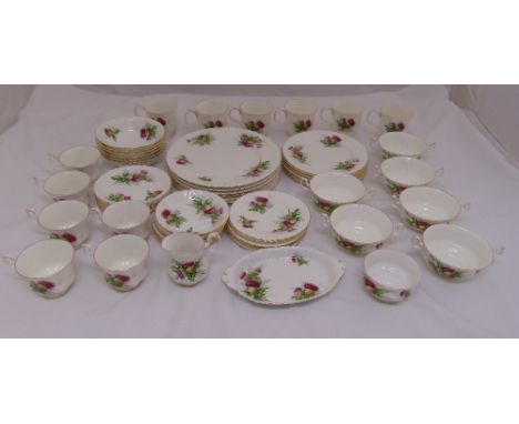 Royal Albert Highland Thistle design dinner service for six place settings to include plate, bowls, cups, saucers, milk jug a