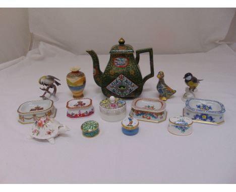 A quantity of ceramics to include two Rosenthal birds, assorted trinket and pill boxes, four Portuguese pin trays and a 19th 