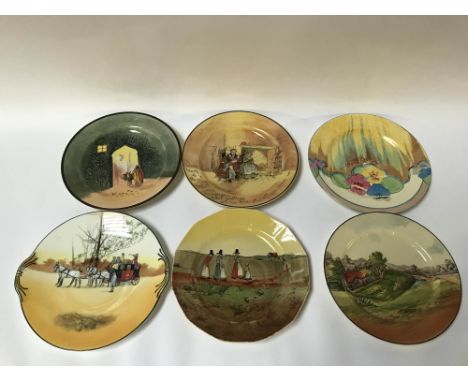 A decorative Clarice Cliff Bizarre pattern side plate and five Doulton series ware plates