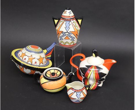 A Lorna Bailey UFO teapot, 7/350, a vase and cover, 203/350, a jug, a Lorna Bailey prototype 'Clown ' teapot, a 'House' teapo