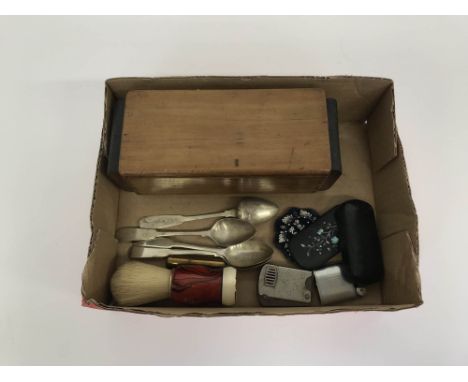 Four silver teaspoons, inlaid snuff box, lighters etc