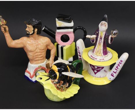 A Gary Seymour 'The Olympian' teapot, a Liquorice Allsorts teapot, a limited edition 'Pinball Wizard' teapot, 29/99 and a Gar