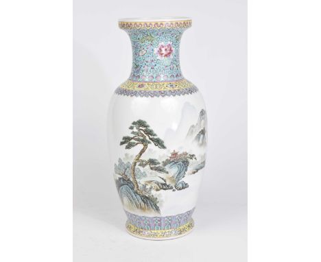 A Chinese Qianlong style famille rose vase, 20th Century The ovoid form vase, extending to a splayed open dish mouth rim, the