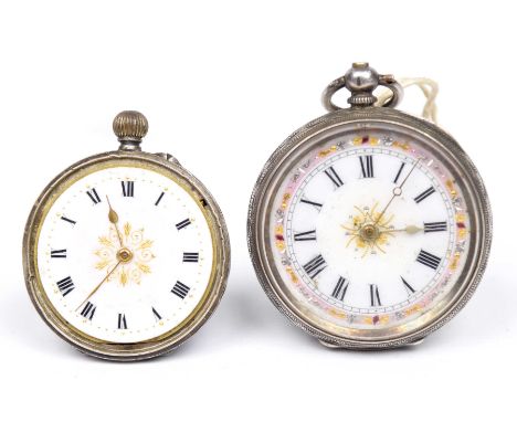 Two Swiss ladies pocket watchesEach designed as a circular white enamel dial with Roman numeral hour markers and foliate engr