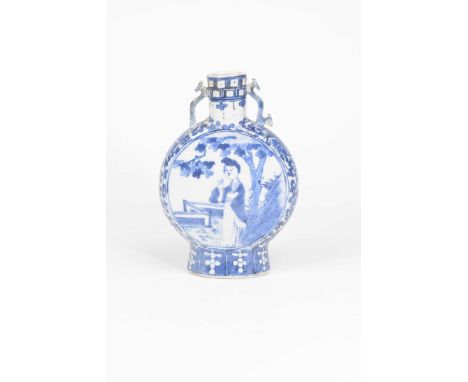 A Chinese blue and white porcelain moon flask, 19th CenturyOf flattened circular form rising from a high foot ring with ename