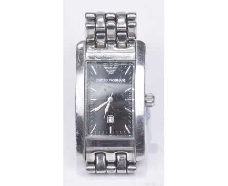 An Emporio Armani steel wristwatchThe rectangular shape dial with silvered baton hour markers and date aperture to the brick 