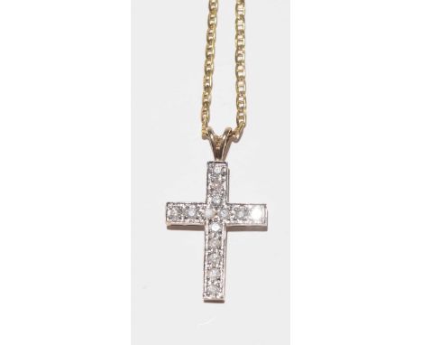 A 9ct gold diamond cross pendantThe brilliant cut diamond cross, with tapered surmount, suspended from a 9ct gold fancy link 