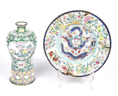 Two items of Chinese enamel wareTo include a Meiping shaped vase, decorated with cartouche filled with lotus and mountain lan