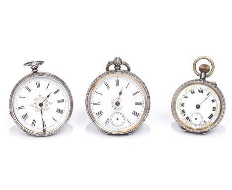 Three ladies pocket watches.Each with foliate case and enamel dial. One with Swiss assay marks