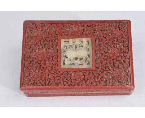 A Chinese cinnabar lacquer and green hard stone lidded box, 20th Century The rectangular box with removable cover detailed wi