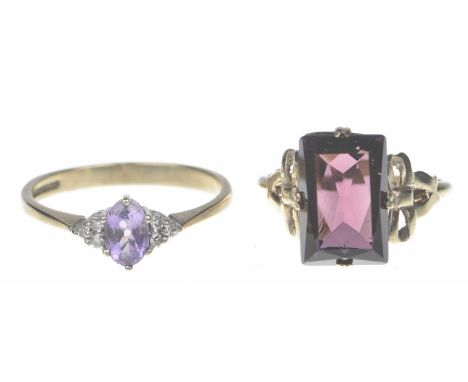 Two dress ringsTo include a 9ct gold amethyst and diamond dress ring, together with a purple paste single stone ring. Total w