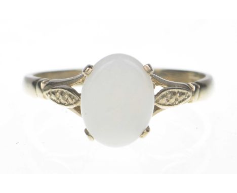 A 9ct gold opal single-stone ringDesigned as an oval opal cabochon in a four claw setting. Hallmarks for Birmingham. Ring siz