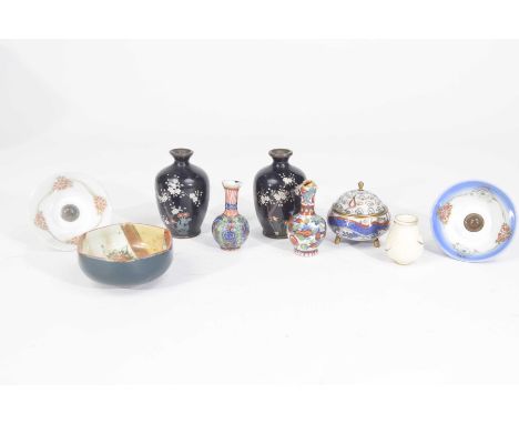 A collection of various Chinese and Japanese itemsTo include a pair of Japanese 'Blossom' cloisonne vases, a cloisonne lidded