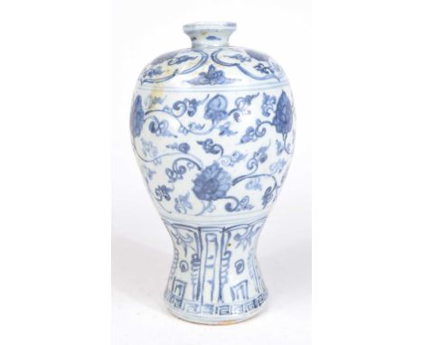 A Chinese blue and white Meiping vase, 19th Century The swelled top extending to splayed base, detailed with flower heads on 