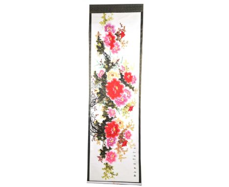 A Chinese hanging scroll, 20th CenturyThe vibrant scroll depicting large purple and pink chrysanthemum flower heads with foli