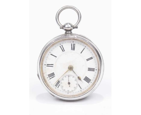A late Victorian silver open face pocket watchThe white enamel dial with Roman numeral hour markers and subsidiary seconds di
