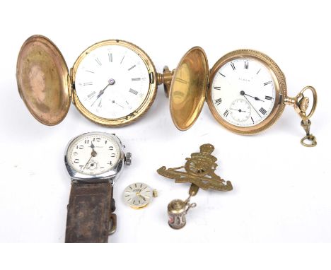 A selection of watches and watch partsTo include two yellow metal hunter pocket watches, a wristwatch, and a Rotary watch dia