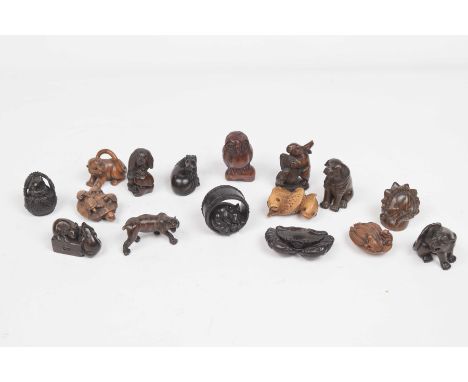 A collection of sixteen various wooden Netsuke, 20th CenturyComprising examples carved in hard wood and boxwood depicting har