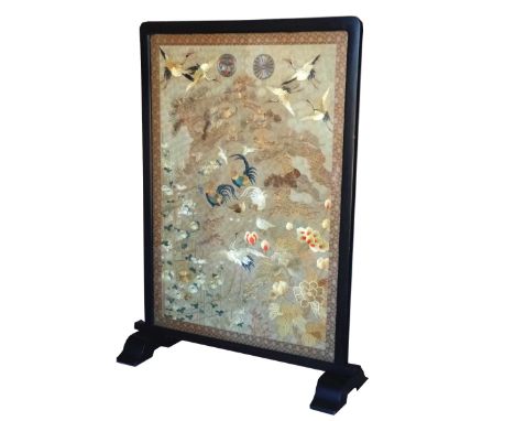 A beautiful embroidered Chinese 'hundred bird' design screen, 19th Century The textile rectangular form ochre ground panel em