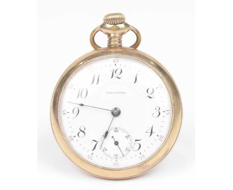 A gold plated pocket watchThe circular white enamel dial with Arabic hour markers, and subsidiary seconds dial, signed Waltha
