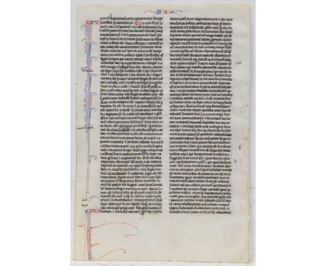 Hand illuminated manuscript page, probably 14th CenturyWith fine writing, hand coloured illuminated initials and decoration. 