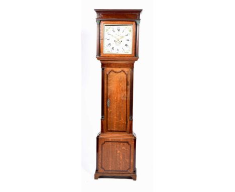 A George III oak and mahogany crossbanded eight day longcase clock by John Beard of RainowHaving a moulded cornice above a pl