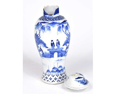 A Chinese blue and white Kangxi style vase, 19th/20th Century Of Meiping form, surmounted by a domed and brimmed cover, paint