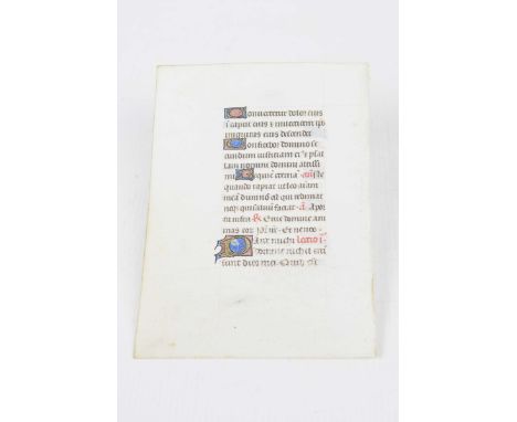 Hand illuminated manuscript page circa 14th CenturyWith gilded and brightly coloured painted letters. 16.5x12cm.