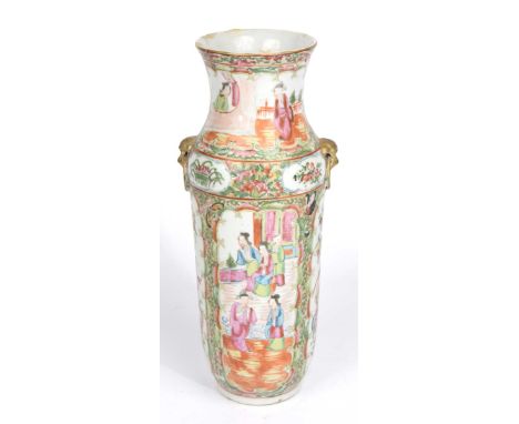 A Chinese Canton famille rose vase, early 20th Century Of tapered ovoid form, applied with solid gilt shishi handles, before 