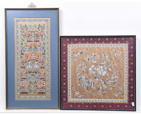 Two Chinese embroidered panels, 19th/20th Century To include a sleave panel detailed with jardineres issuing budding flowers,