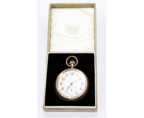 A gold plated open face pocket watchThe circular white enamel dial with Arabic hour markers and subsidiary seconds dial, sign