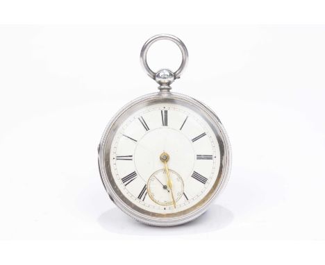 A late Victorian silver open face pocket watchThe circular white enamel dial with Roman numeral hour markers and subsidiary s