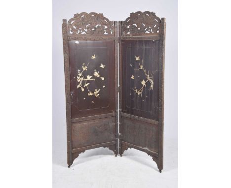 A Japanese Shibayama two fold screen, circa 1920 The pierced and carved hard wood frame detailed with phoenix pediment, exten