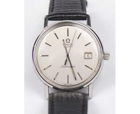 An Omega quartz Seamaster wristwatchThe circular silvered dial with black enamel baton markers and date aperture, to the blac