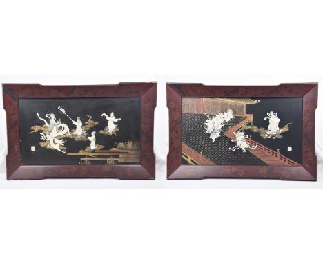 A pair of Japanese inlaid Shibayma lacquered panels, late Meiji period (1868-1912)The inset black lacquered panels detailed w