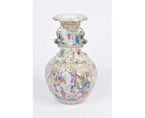 A Chinese canton famille rose vase, late 19th/early 20th Century Of rounded bottle form rising to a splayed scalloped overhan